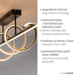 LED Deckenleuchte schwarz messing dimmbar in 3 Stufen geschwungen