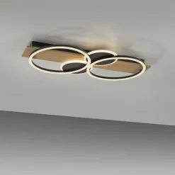 LED Deckenleuchte schwarz mit Holz warmweiß Schlafzimmer Leuchtringe