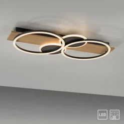 LED Deckenleuchte schwarz mit Holz warmweiß Schlafzimmer Leuchtringe