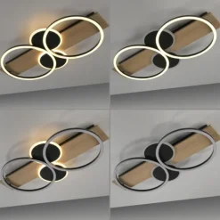 LED Deckenleuchte schwarz mit Holz warmweiß Schlafzimmer Leuchtringe