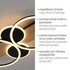 LED Deckenleuchte schwarz mit Holz warmweiß Schlafzimmer Leuchtringe