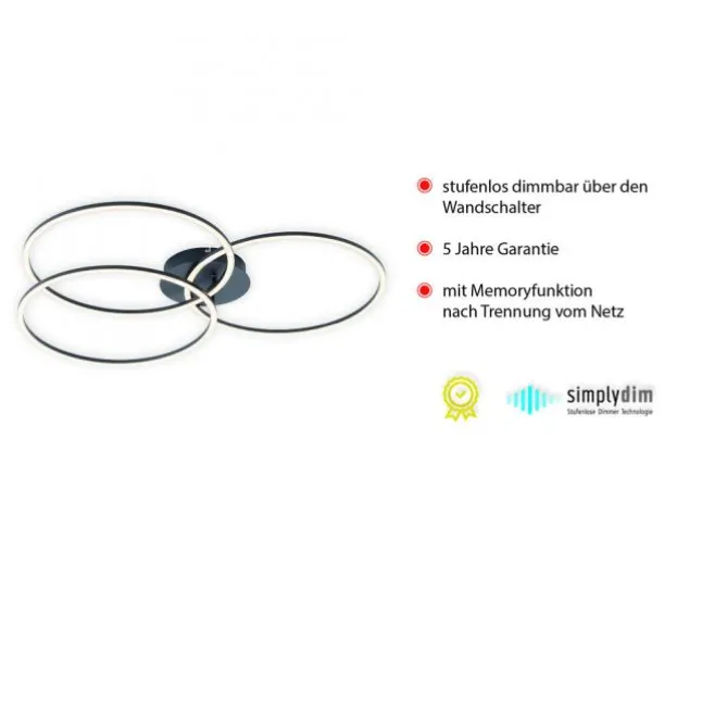 LED Deckenleuchte, schwarz, modern, drei Leuchtringe, dimmbar, schwenkbar