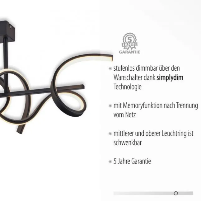 LED Deckenleuchte, schwarz, modern, geschwungenes Design, Dimmfunktion