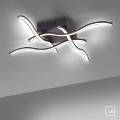 LED-Deckenleuchte, schwarz, quadratisch, 4 Leuchtarme, Wellenform, modern