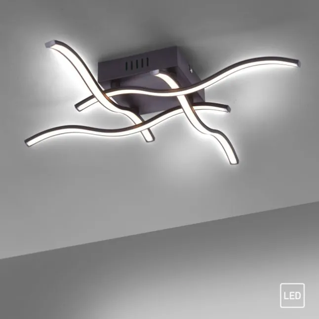 LED-Deckenleuchte, schwarz, quadratisch, 4 Leuchtarme, Wellenform, modern