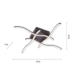 LED-Deckenleuchte, schwarz, quadratisch, 4 Leuchtarme, Wellenform, modern