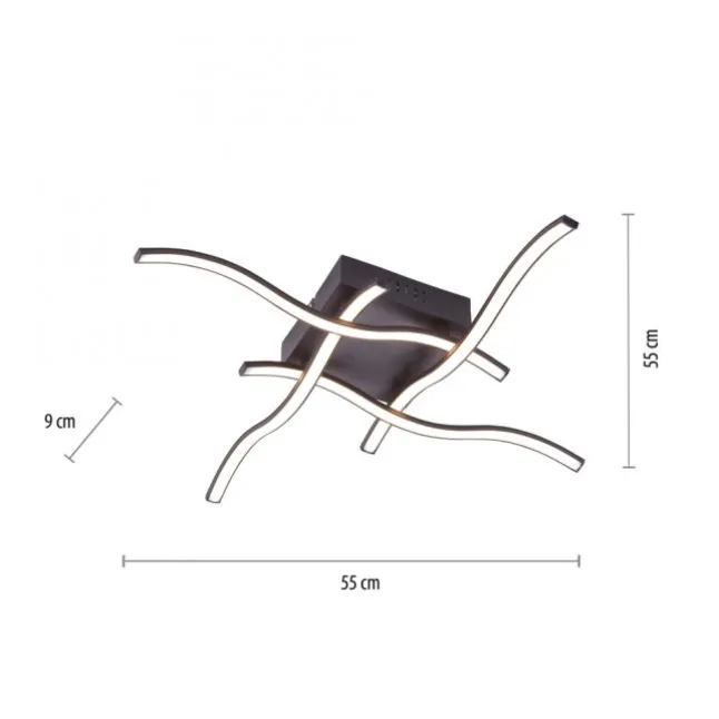 LED-Deckenleuchte, schwarz, quadratisch, 4 Leuchtarme, Wellenform, modern