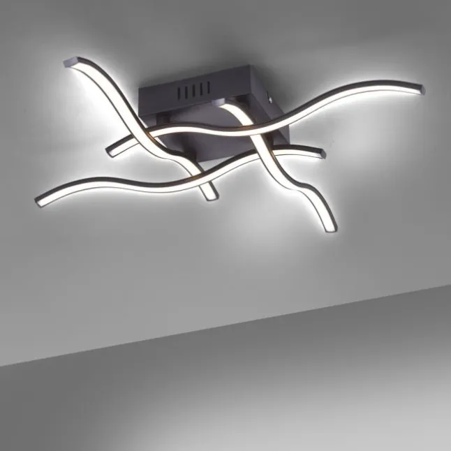 LED-Deckenleuchte, schwarz, quadratisch, 4 Leuchtarme, Wellenform, modern