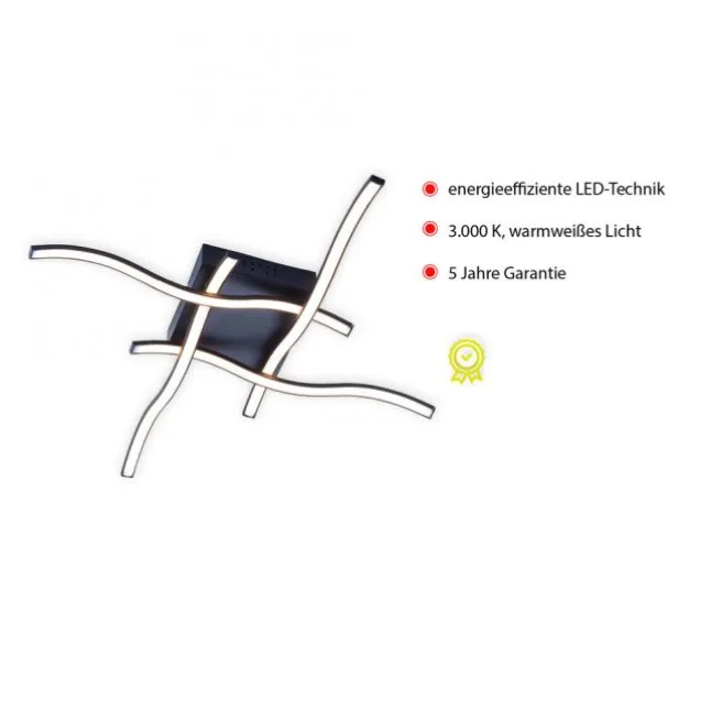 LED-Deckenleuchte, schwarz, quadratisch, 4 Leuchtarme, Wellenform, modern