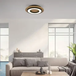 LED Deckenleuchte schwarz rund Metall und Holzdekor 3000K warmweiß