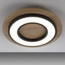 LED Deckenleuchte schwarz rund Metall und Holzdekor 3000K warmweiß