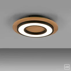 LED Deckenleuchte schwarz rund Metall und Holzdekor 3000K warmweiß