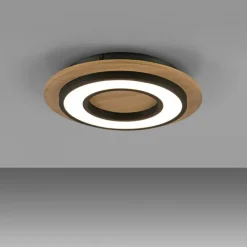 LED Deckenleuchte schwarz rund Metall und Holzdekor 3000K warmweiß