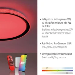 LED-Deckenleuchte, silber, dimmbar, App, Fernbedienung