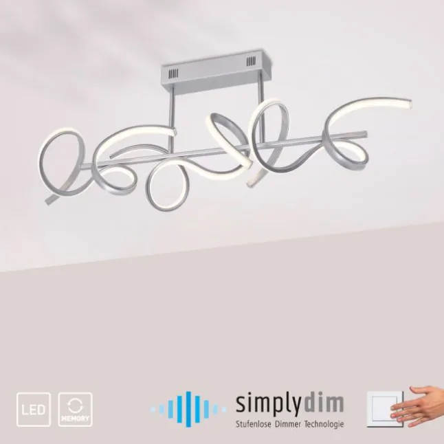 LED-Deckenleuchte, silberfarben, 3 geschwungene Leuchtarmen, Dimmfunktion