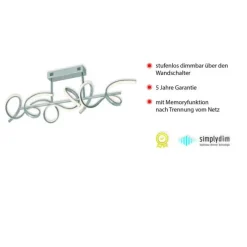 LED-Deckenleuchte, silberfarben, 3 geschwungene Leuchtarmen, Dimmfunktion