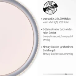 LED Deckenleuchte, silber, rund, dimmbar, warmweiß, 3000K