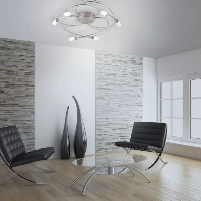 LED-Deckenleuchte, stahlfarben, Landhaus Stil, sechs Leuchtköpfe, modern