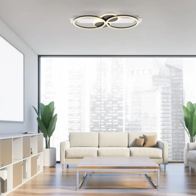 LED Deckenleuchte weiß mit Holz warmweiß Wohnzimmer Leuchtringe