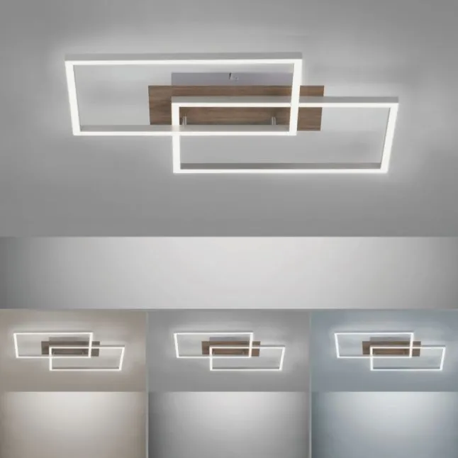 LED-Deckenleuchte, 50,4x42cm, Fernbedienung, dimmbar, Holzdekor,
