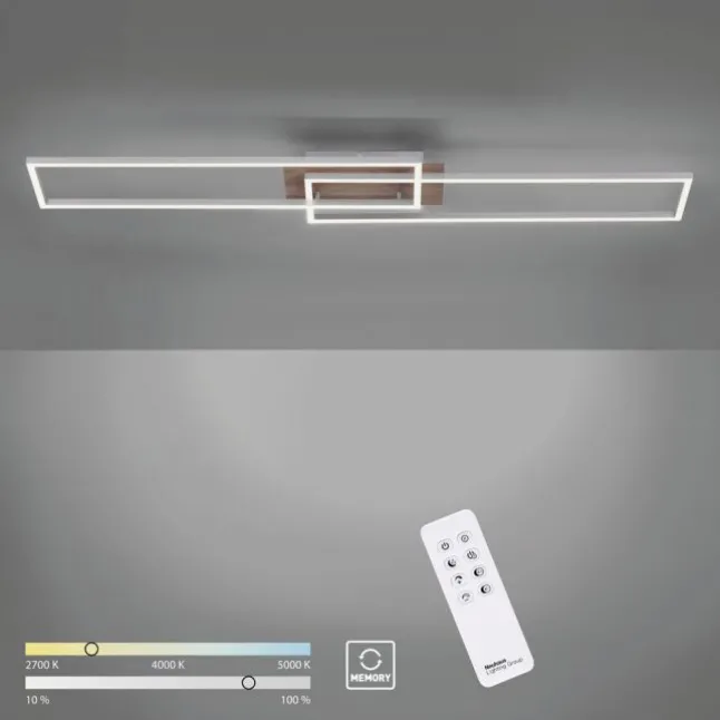 LED-Deckenleuchte, 110x25cm, Fernbedienung, dimmbar, Holzdekor, CCT Farbmanagement,