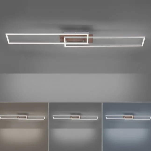 LED-Deckenleuchte, 110x25cm, Fernbedienung, dimmbar, Holzdekor, CCT Farbmanagement,