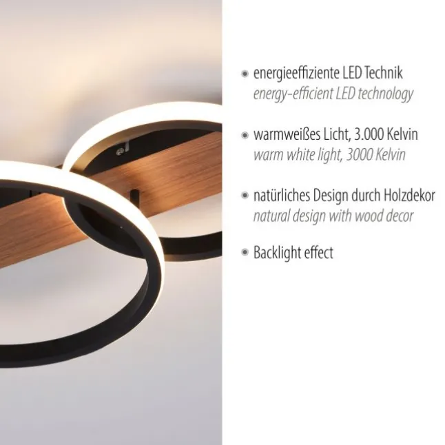 LED Deckenleuchte 53x31cm Holzoptik ring Holdekor schwarz warmweiß Licht