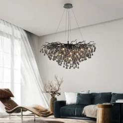 LED Kronleuchter schwarz Kristall Glasanhänger Pendelleuchte