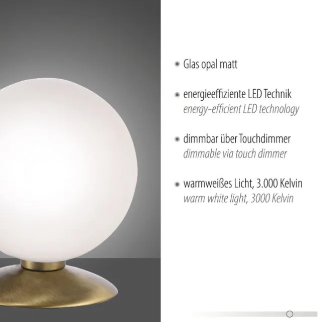 LED-Kugelleuchte, altmessing warmweiß, Touchdimmer, blendfrei, Opalglas