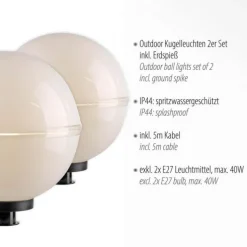 LED Kugelleuchte 2er Set 40x40x71cm weiß mit Kabel und Spieß Außenlampe