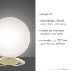 LED-Kugelleuchte, messing-matt, Touchdimmer, blendfrei, Opalglas