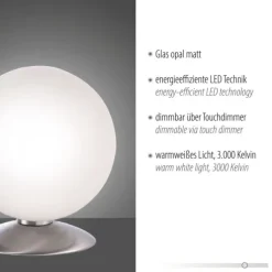 LED-Kugelleuchte, Tischleuchte, warmweißer Lichtfarbe, Touchdimmer, blendfrei