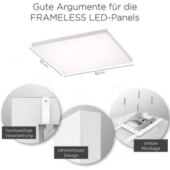 LED-Panel, weiß, rahmenlos, 62x62cm, CCT, dimmbar, Fernbedienung, blendfrei