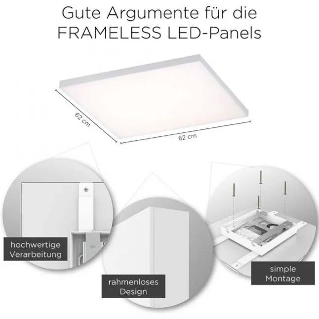 LED-Panel, weiß, rahmenlos, 62x62cm, CCT, dimmbar, Fernbedienung, blendfrei