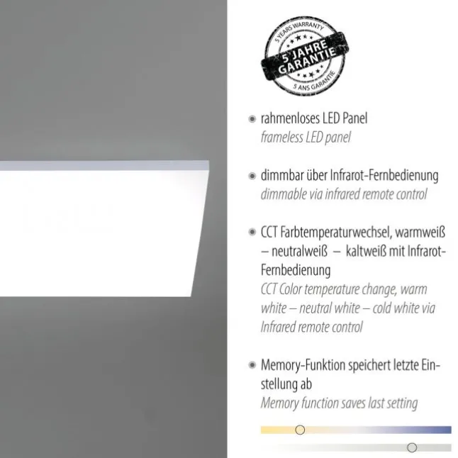 LED-Panel, weiß, rahmenlos, 62x62cm, CCT, dimmbar, Fernbedienung, blendfrei