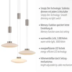 LED Pendellampe 3 flammig rund silber farbig dimmbar höhenverstellbar