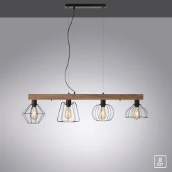 LED Pendellampe höhenverstellbar 4 flammig Holzdekor schwarze Metallschirme