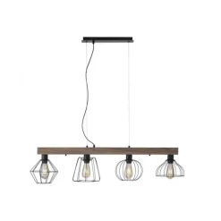 LED Pendellampe höhenverstellbar 4 flammig Holzdekor schwarze Metallschirme