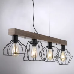 LED Pendellampe höhenverstellbar 4 flammig Holzdekor schwarze Metallschirme