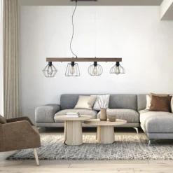 LED Pendellampe höhenverstellbar 4 flammig Holzdekor schwarze Metallschirme