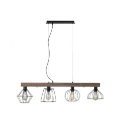 LED Pendellampe höhenverstellbar 4 flammig Holzdekor schwarze Metallschirme