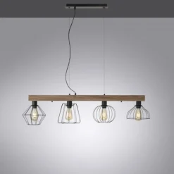 LED Pendellampe höhenverstellbar 4 flammig Holzdekor schwarze Metallschirme