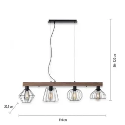 LED Pendellampe höhenverstellbar 4 flammig Holzdekor schwarze Metallschirme