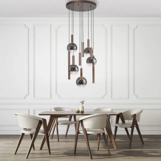 LED Pendelleuchte BOWL, braun, rund, 9-flammig, dimmbar, höhenverstellbar