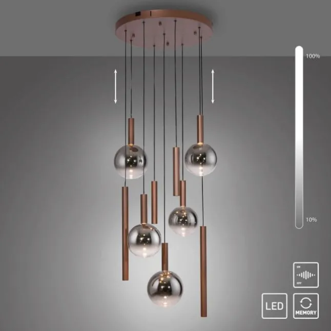LED Pendelleuchte BOWL, braun, rund, 9-flammig, dimmbar, höhenverstellbar