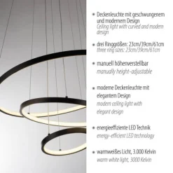LED Pendelleuchte CERCHI, schwarz, Ringform, höhenverstellbar