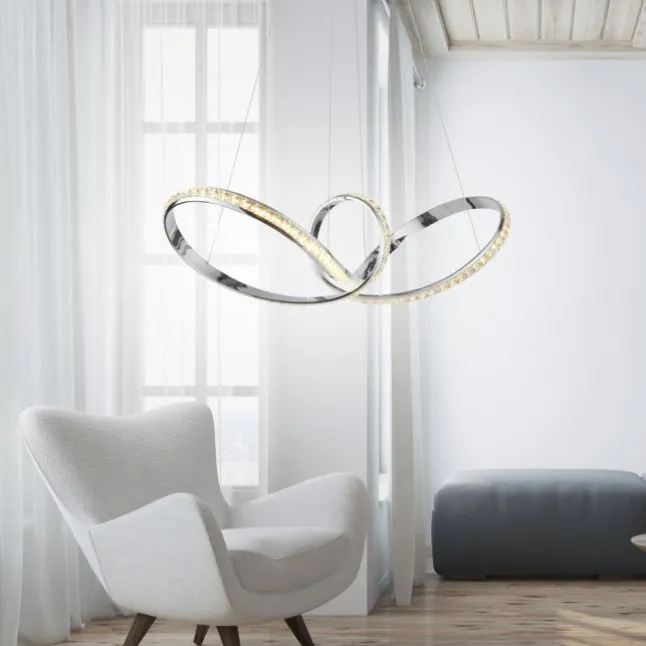 LED Pendelleuchte chrom geschwungen dimmbar Kristallabdeckung modern