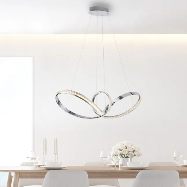 LED Pendelleuchte chrom geschwungen dimmbar Kristallabdeckung modern