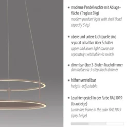 LED Pendelleuchte CONNI sandfarben, rund, Touchdimmer, Deko Tragfläche