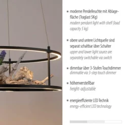 LED Pendelleuchte CONNI schwarz, rund, Touchdimmer, Deko Ablagefläche, höhenverstellbar